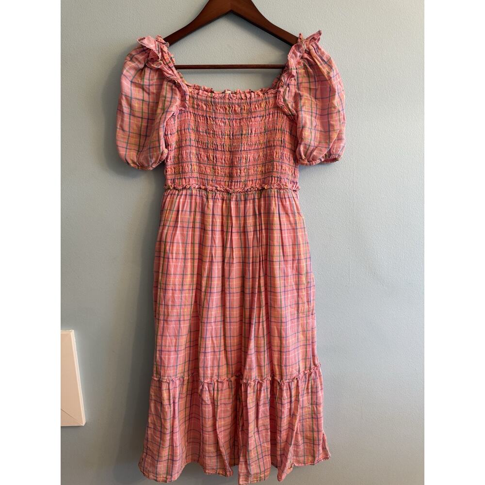Vineyard Vines Pink Plaid Smocked Ruffle Midi Dress Girls L (14) Cotton Modal
